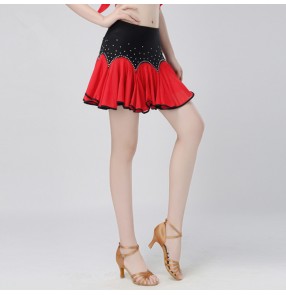 Black red fuchsia hot pink rhinestones patchwork short length women's ladies female competition performance professional latin salsa dance skirts 